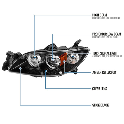 Ronnin - Fits 2004-2009 Mazda 3 Sedan 4-Door Projector Headlights Halogen Models Replacement Pair | Glossy Black