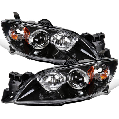 Ronnin - Fits 2004-2009 Mazda 3 Sedan 4-Door Projector Headlights Halogen Models Replacement Pair | Glossy Black