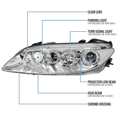 Ronnin - Fits 2003-2005 Mazda 6 Sedan Upgraded Replacement Projector Headlights Assembly Pair | Chrome