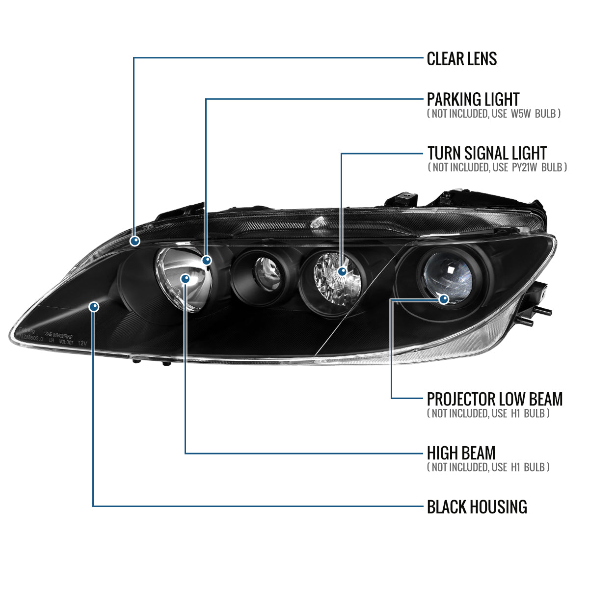 Ronnin - Fits 2003-2005 Mazda 6 Sedan Upgraded Replacement Projector Headlights Assembly Pair | Black