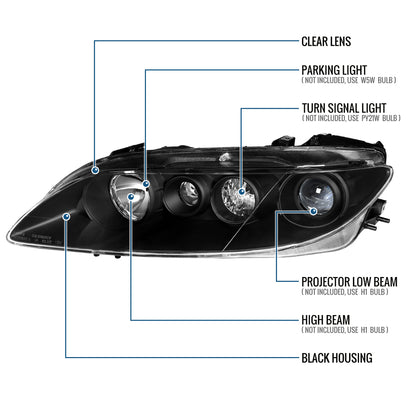 Ronnin - Fits 2003-2005 Mazda 6 Sedan Upgraded Replacement Projector Headlights Assembly Pair | Black