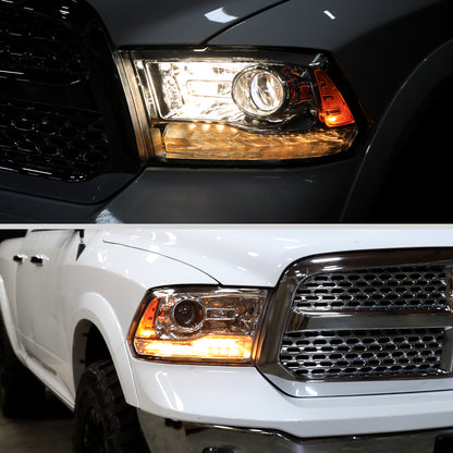 Ronnin - Fits 2013-2018 Ram 1500 2500 3500 2019-2024 Ram 1500 Classic Factory Upgraded Replacement Projector Headlights Amber Running Lights Assembly Pair | Chrome