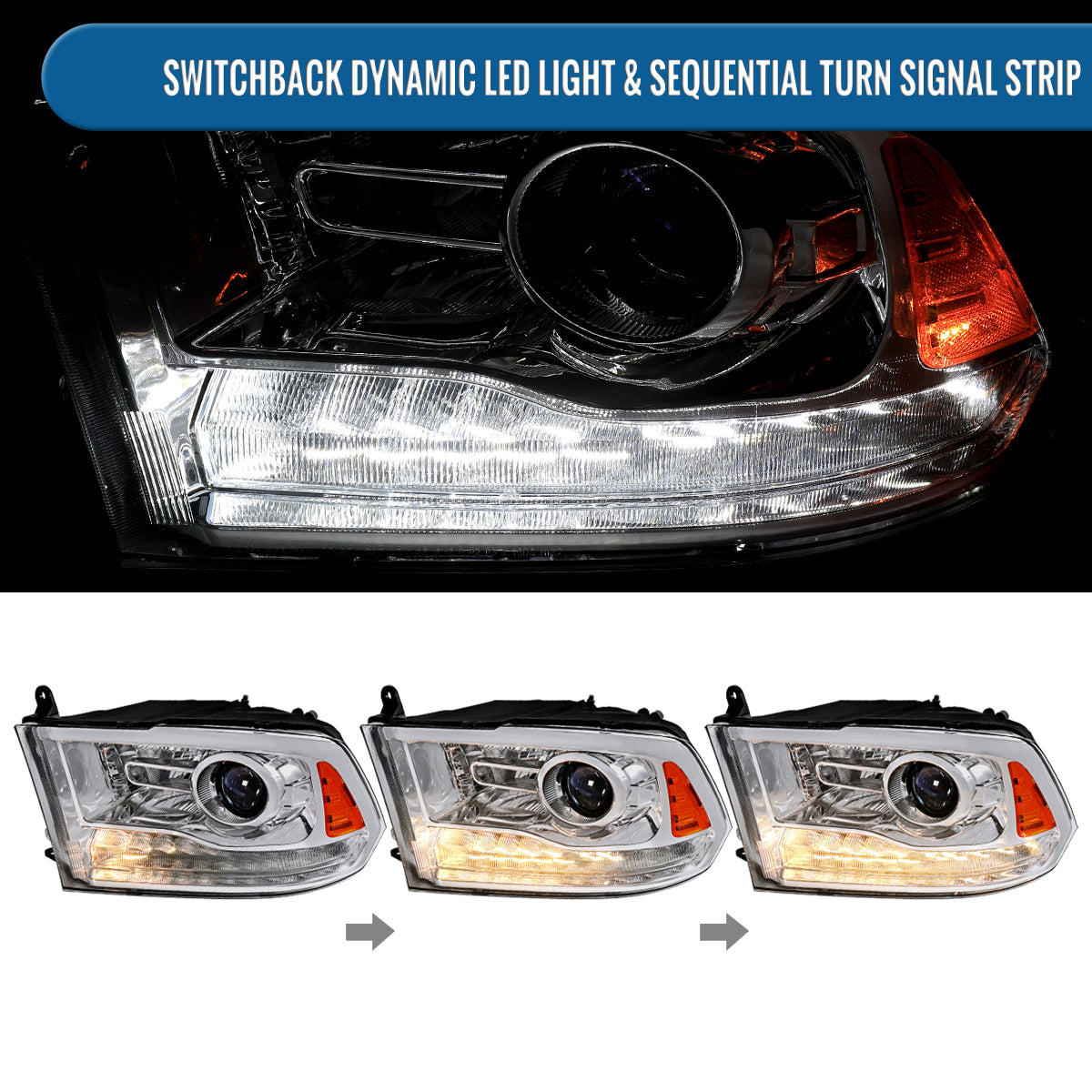 Ronnin - Fits 2009-2018 Ram 1500 2500 3500 2019-2024 Ram 1500 Classic Projector Headlights Switchback LED Sequential Turn Signal + Animated Startup Effect Parking Assembly Pair | Chrome