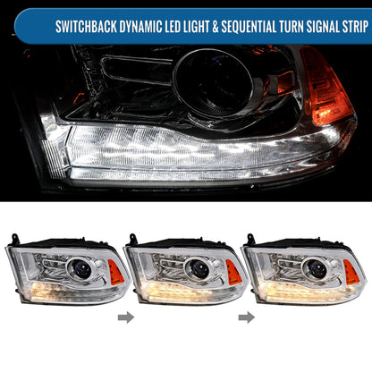 Ronnin - Fits 2009-2018 Ram 1500 2500 3500 2019-2024 Ram 1500 Classic Projector Headlights Switchback LED Sequential Turn Signal + Animated Startup Effect Parking Assembly Pair | Chrome