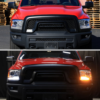 Ronnin - Fits 2009-2018 Ram 1500 2500 3500 2019-2024 Ram 1500 Classic Projector Headlights Switchback LED Sequential Turn Signal + Animated Startup Effect Parking Assembly Pair | Chrome