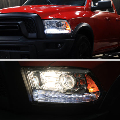 Ronnin - Fits 2009-2018 Ram 1500 2500 3500 2019-2024 Ram 1500 Classic Projector Headlights Switchback LED Sequential Turn Signal + Animated Startup Effect Parking Assembly Pair | Chrome