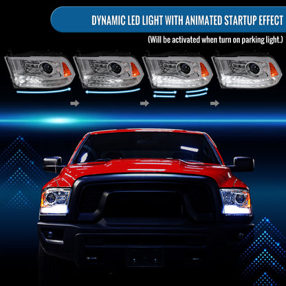 2009-2018 Ram 1500 2500 3500 2019-2024 Ram 1500 Classic Projector Headlights Switchback LED Sequential Turn Signal + Animated Startup Effect Parking Assembly Pair | Chrome