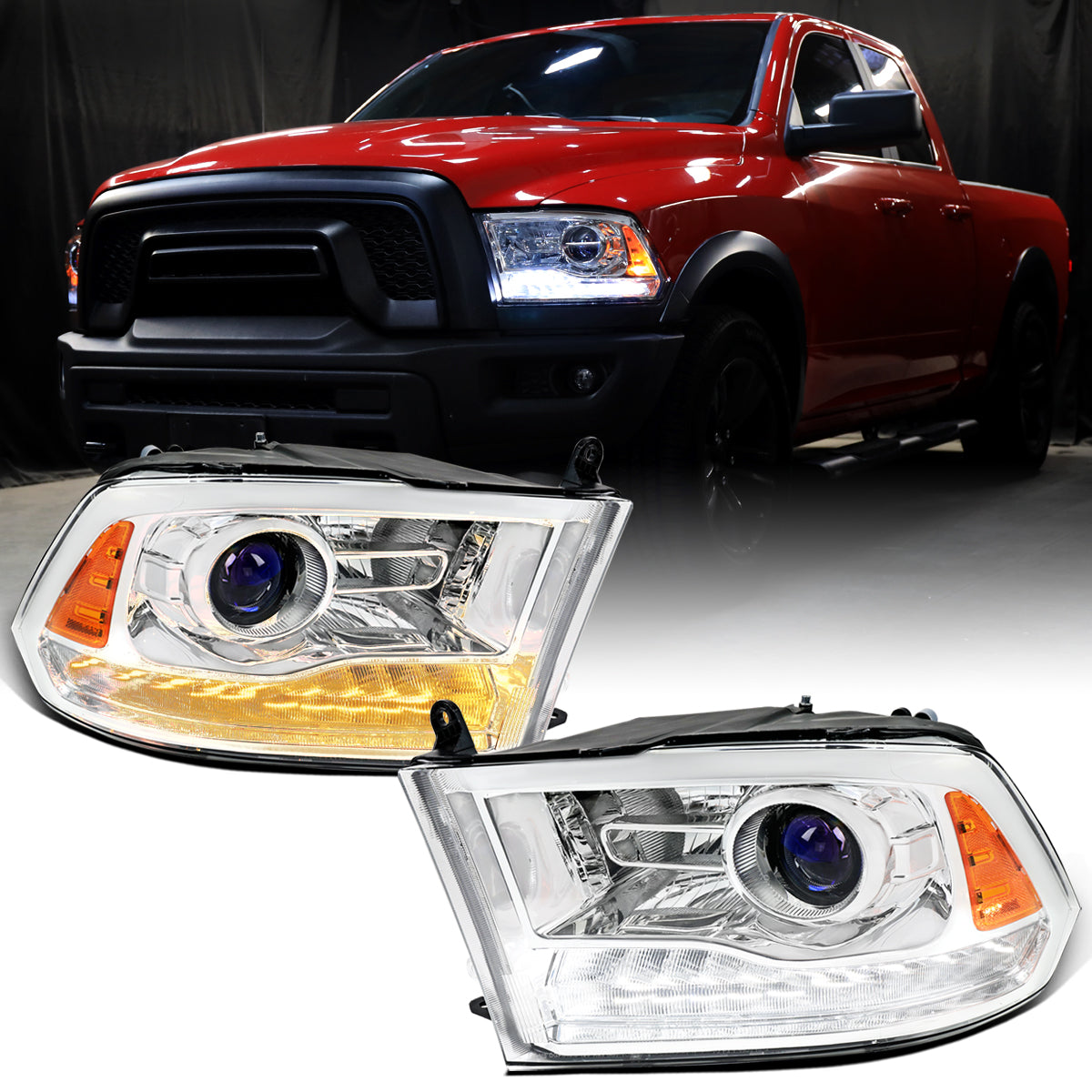 Ronnin - Fits 2009-2018 Ram 1500 2500 3500 2019-2024 Ram 1500 Classic Projector Headlights Switchback LED Sequential Turn Signal + Animated Startup Effect Parking Assembly Pair | Chrome
