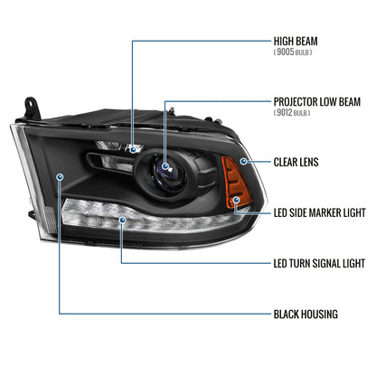 Ronnin - Fits 2013-2018 Ram 1500 2500 3500 2019-2024 Ram 1500 Classic Factory Upgraded Replacement Projector Headlights Amber Running Lights Assembly Pair | Black