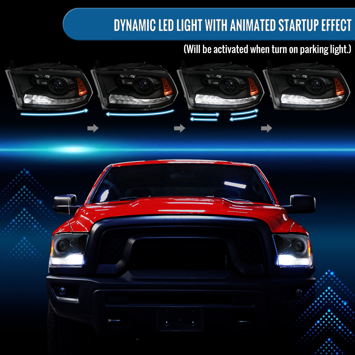 Ronnin - Fits 2009-2018 Ram 1500 2500 3500 2019-2024 Ram 1500 Classic Projector Headlights Switchback LED Sequential Turn Signal + Animated Startup Effect Parking Assembly Pair | Black