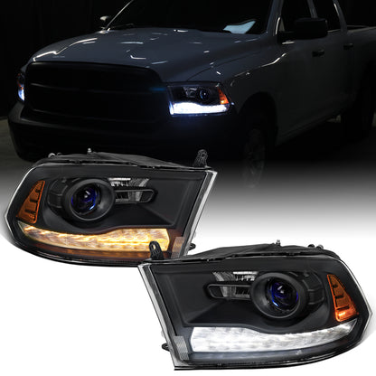 Ronnin - Fits 2009-2018 Ram 1500 2500 3500 2019-2024 Ram 1500 Classic Projector Headlights Switchback LED Sequential Turn Signal + Animated Startup Effect Parking Assembly Pair | Black
