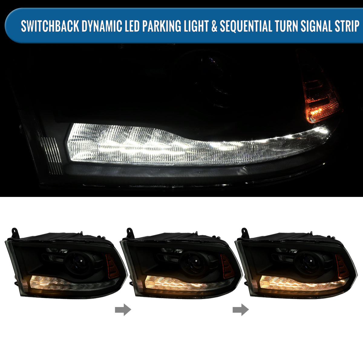 Ronnin - Compatible con Ram 1500 2500 3500 2009-2018, Ram 1500 Classic 2019-2024. Conjunto de faros delanteros con proyector LED secuencial Switchback con señal de giro animada + par de arranque | Negro ahumado