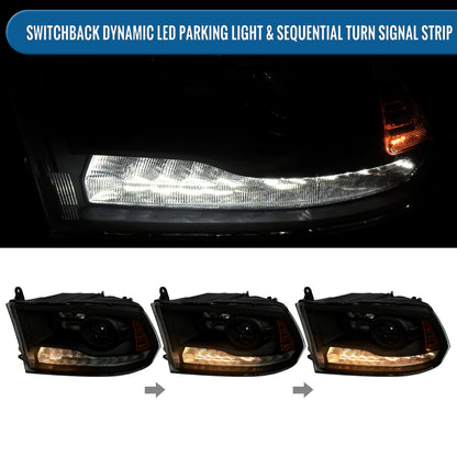 Ronnin - Compatible con Ram 1500 2500 3500 2009-2018, Ram 1500 Classic 2019-2024. Conjunto de faros delanteros con proyector LED secuencial Switchback con señal de giro animada + par de arranque | Negro ahumado