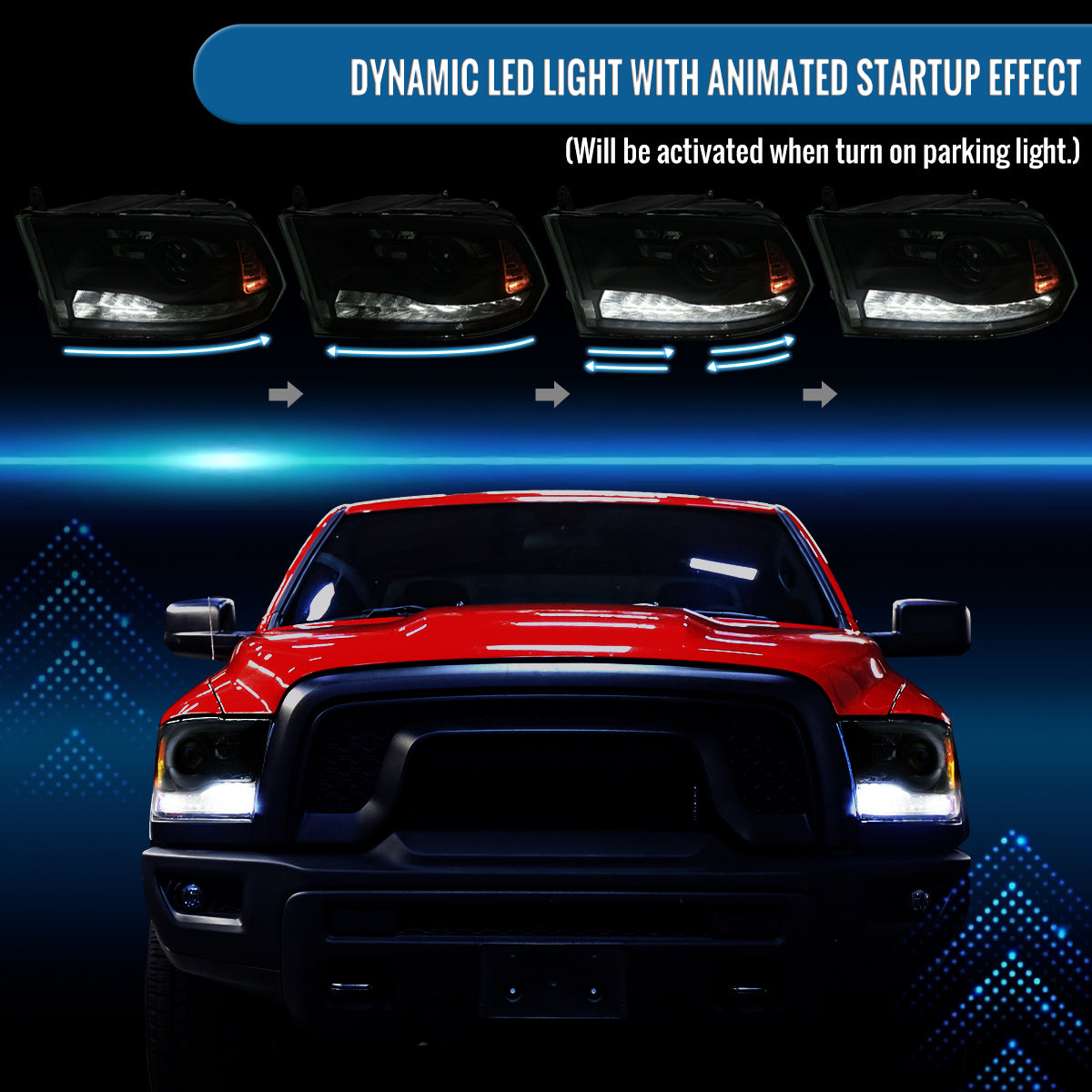 Ronnin - Compatible con Ram 1500 2500 3500 2009-2018, Ram 1500 Classic 2019-2024. Conjunto de faros delanteros con proyector LED secuencial Switchback con señal de giro animada + par de arranque | Negro ahumado