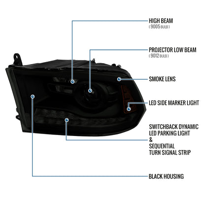 Ronnin - Compatible con Ram 1500 2500 3500 2009-2018, Ram 1500 Classic 2019-2024. Conjunto de faros delanteros con proyector LED secuencial Switchback con señal de giro animada + par de arranque | Negro ahumado