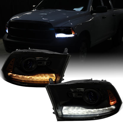 Ronnin - Compatible con Ram 1500 2500 3500 2009-2018, Ram 1500 Classic 2019-2024. Conjunto de faros delanteros con proyector LED secuencial Switchback con señal de giro animada + par de arranque | Negro ahumado