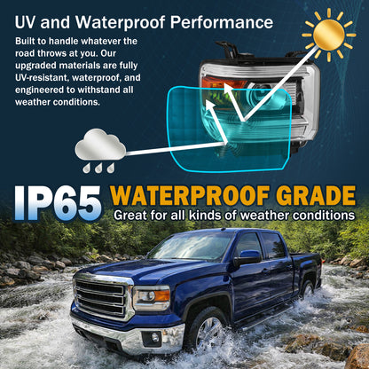 Ronnin - Compatible con GMC Sierra 1500 2500HD 3500HD 2014-2019 Par de faros delanteros de proyector de repuesto | Cromado
