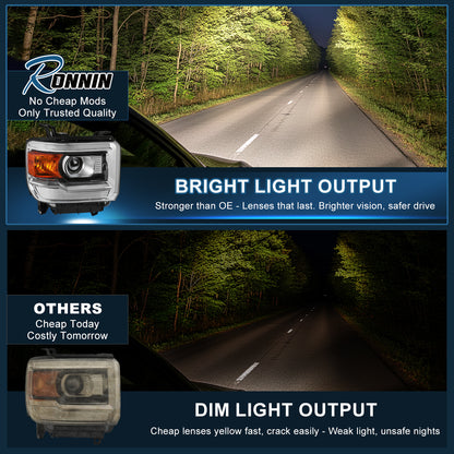 Ronnin - Compatible con GMC Sierra 1500 2500HD 3500HD 2014-2019 Par de faros delanteros de proyector de repuesto | Cromado