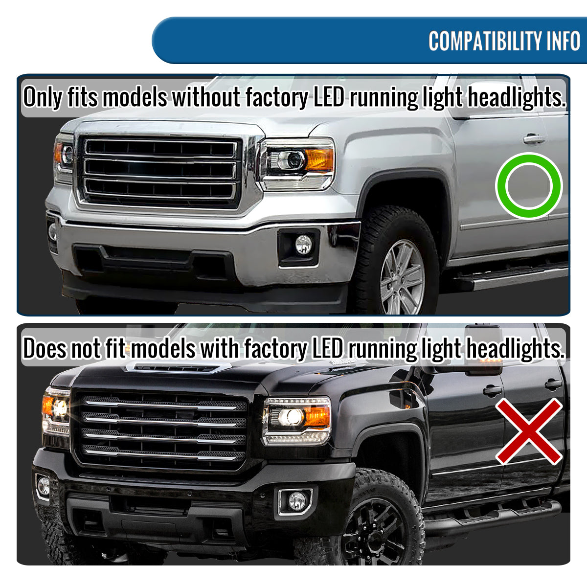 Ronnin - Compatible con GMC Sierra 1500 2500HD 3500HD 2014-2019 Par de faros delanteros de proyector de repuesto | Cromado