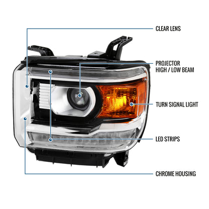 Ronnin - Se adapta a GMC Sierra 1500 2500HD 3500HD 2014-2019 Luces LED diurnas Conjunto de reemplazo de faros proyectores Par | Cromo
