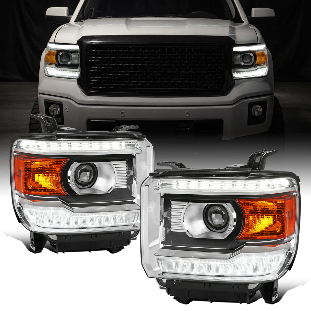 Ronnin - Se adapta a GMC Sierra 1500 2500HD 3500HD 2014-2019 Luces LED diurnas Conjunto de reemplazo de faros proyectores Par | Cromo