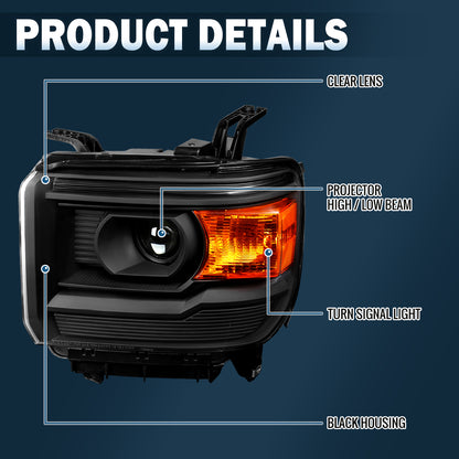 Ronnin - Compatible con GMC Sierra 1500 2500HD 3500HD 2014-2019 Par de faros delanteros con proyector de repuesto | Negros