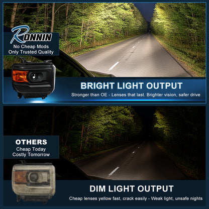 Ronnin - Compatible con GMC Sierra 1500 2500HD 3500HD 2014-2019 Par de faros delanteros con proyector de repuesto | Negros