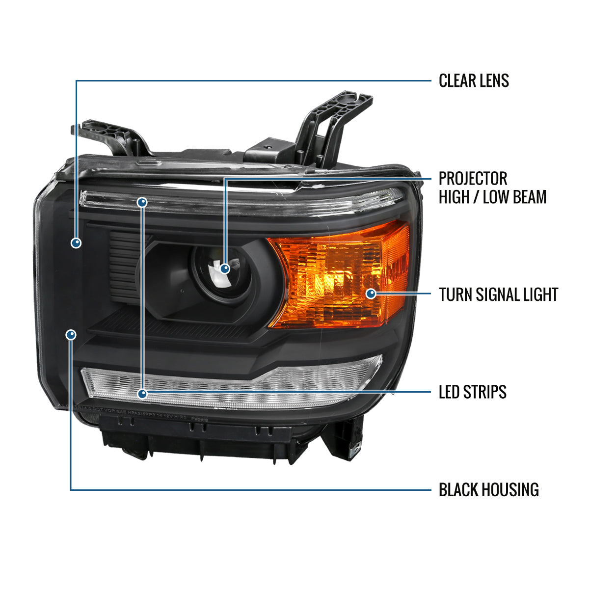 Ronnin - Se adapta a GMC Sierra 1500 2500HD 3500HD 2014-2019 Luces LED de circulación diurna, conjunto de faros delanteros con proyector de repuesto, par | Negro