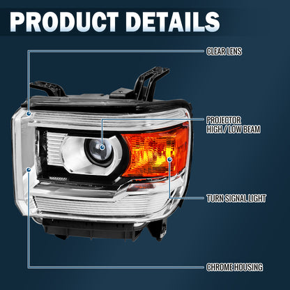 Ronnin - Faros delanteros tipo proyector para GMC Sierra 1500 2500HD 3500HD 2014-2019, ensamblaje de repuesto, lado del conductor | Cromado