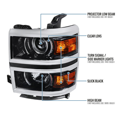 Ronnin - Fits 2014-2015 Chevy Silverado 1500 Upgraded Factory Replacement Projector Headlights Assembly Pair | Glossy Black