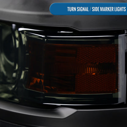 Ronnin - Fits 2014-2015 Chevy Silverado 1500 Upgraded Factory Replacement Projector Headlights Black Trim Assembly Pair | Smoke