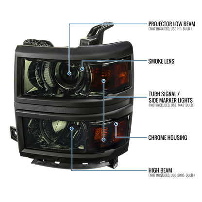 Ronnin - Fits 2014-2015 Chevy Silverado 1500 Upgraded Factory Replacement Projector Headlights Black Trim Assembly Pair | Smoke