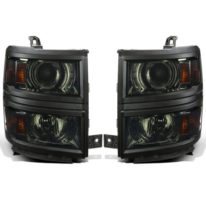 Ronnin - Fits 2014-2015 Chevy Silverado 1500 Upgraded Factory Replacement Projector Headlights Black Trim Assembly Pair | Smoke