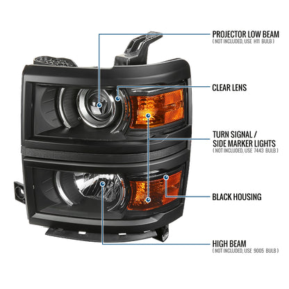 Ronnin - Fits 2014-2015 Chevy Silverado 1500 Upgraded Factory Replacement Projector Headlights Black Trim Assembly Pair | Black