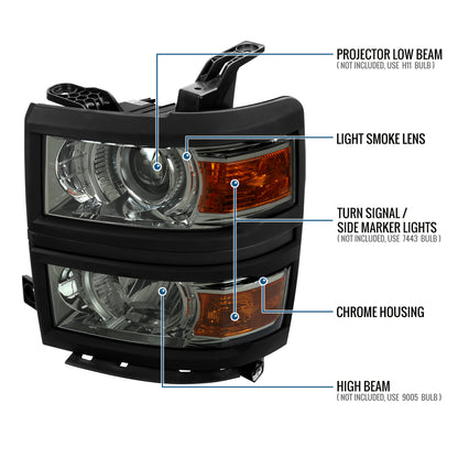 Ronnin - Fits 2014-2015 Chevy Silverado 1500 Upgraded Factory Replacement Projector Headlights Black Trim Assembly Pair | Light Smoke