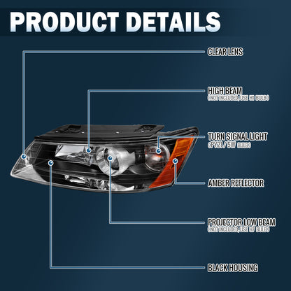 Ronnin - Se adapta a los faros delanteros halógenos con proyector de repuesto para Hyundai Sonata 2006-2008, par | Negro