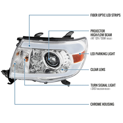 Ronnin - Fits 2005-2011 Toyota Tacoma LED Tube Projector Headlights Assembly Head Lamps Replacement Pair | Chrome
