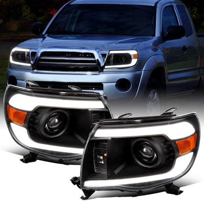 Ronnin - Fits 2005-2011 Toyota Tacoma LED Tube Projector Headlights Assembly Head Lamps Replacement Pair | Black