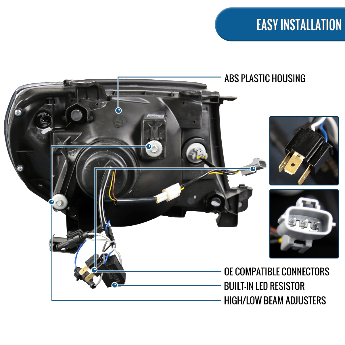 Ronnin - Fits 2005-2011 Toyota Tacoma LED Tube Projector Headlights Assembly Head Lamps Replacement Pair | Black Smoke