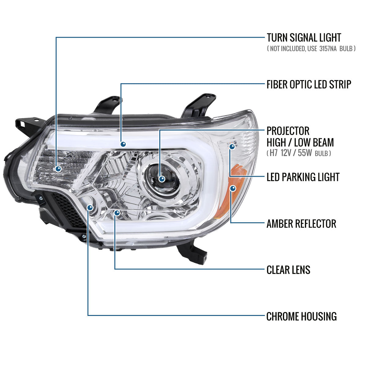 Ronnin - Fits 2012-2015 Toyota Tacoma Upgraded LED Running Tube Lights Projector Headlights Replacement Assembly Pair | Chrome