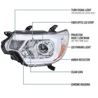Ronnin - Fits 2012-2015 Toyota Tacoma Upgraded LED Running Tube Lights Projector Headlights Replacement Assembly Pair | Chrome