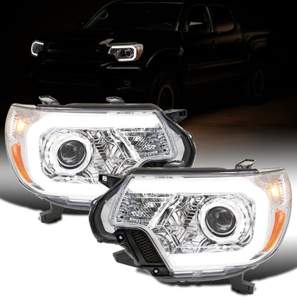 Ronnin - Fits 2012-2015 Toyota Tacoma Upgraded LED Running Tube Lights Projector Headlights Replacement Assembly Pair | Chrome