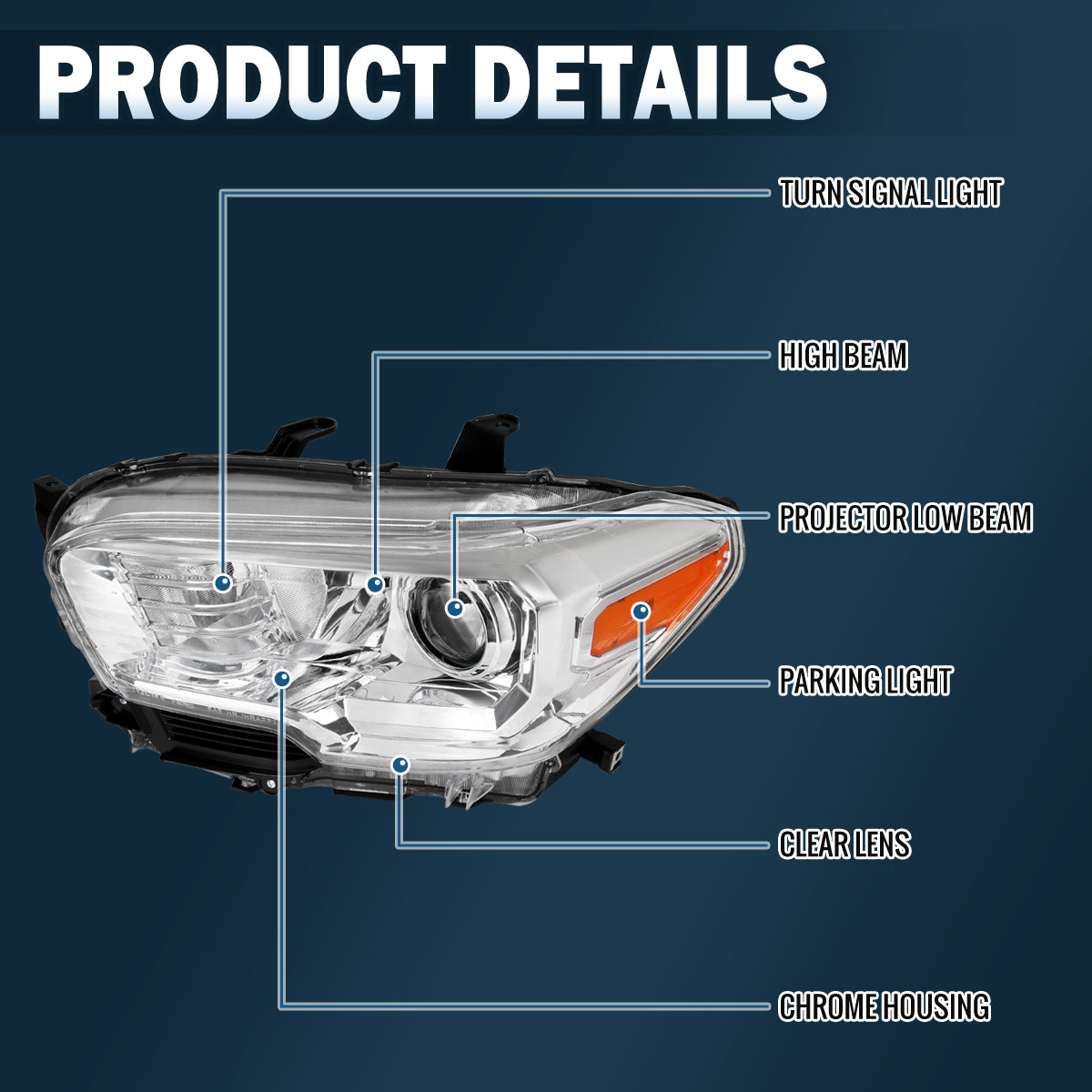 Ronnin - Se adapta a Toyota Tacoma de 2016-2023 Par de montaje de repuesto de faros de proyector halógenos | Cromado