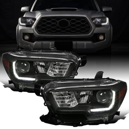 Ronnin - Conjunto de faros delanteros con proyector halógeno de tubo LED de repuesto para Toyota Tacoma 2016-2023 | Negro