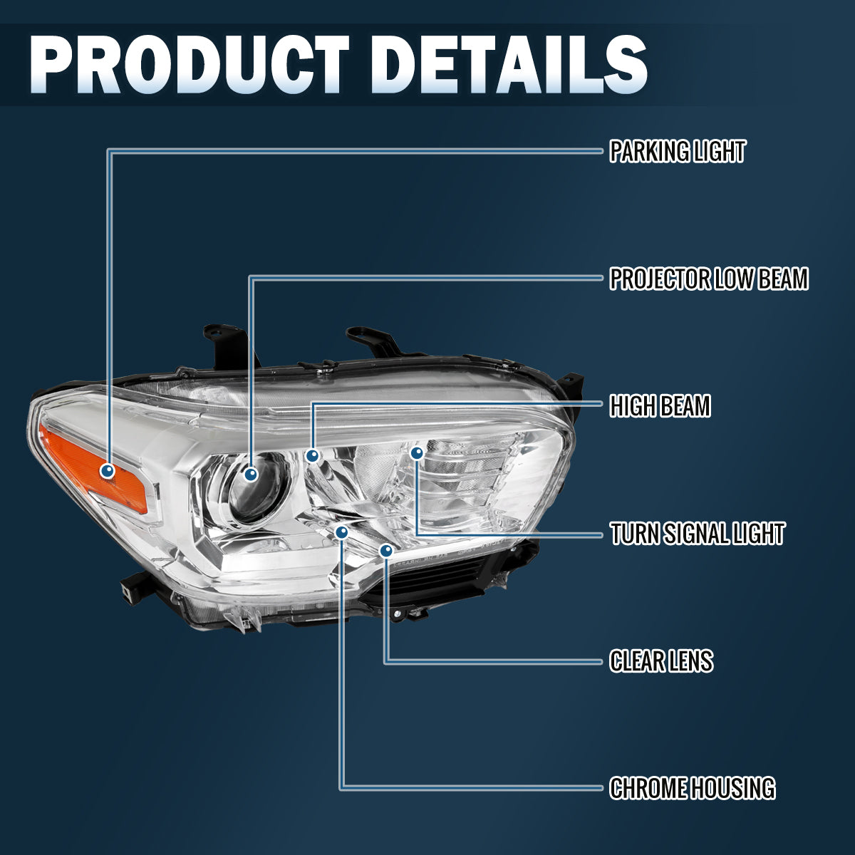 Ronnin - Se adapta a la Toyota Tacoma 2016-2023 Ensamblaje de reemplazo de faros de proyector halógenos Lado del pasajero | Cromo