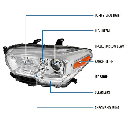 Ronnin - Conjunto de faros delanteros con proyector halógeno de tubo LED de repuesto mejorado para Toyota Tacoma 2016-2023 | Cromo