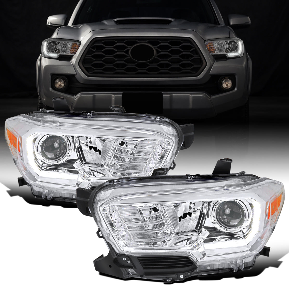 Ronnin - Conjunto de faros delanteros con proyector halógeno de tubo LED de repuesto mejorado para Toyota Tacoma 2016-2023 | Cromo