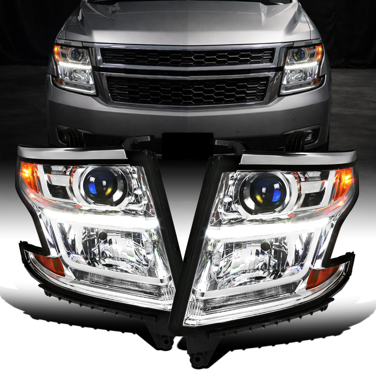 Ronnin - Se adapta a Chevy Tahoe Suburban 3500HD 2015-2020 Mejora de reemplazo Tubo de luz diurna LED Faros de proyector halógenos Ensamblaje Par | Cromado