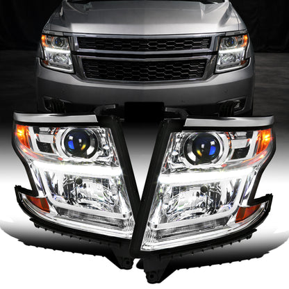 Ronnin - Se adapta a Chevy Tahoe Suburban 3500HD 2015-2020 Mejora de reemplazo Tubo de luz diurna LED Faros de proyector halógenos Ensamblaje Par | Cromado
