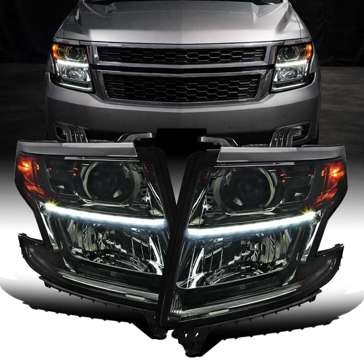 Ronnin - Compatible con Chevy Tahoe Suburban 3500HD 2015-2020 Mejora Reemplazo Tubo de Luz LED de Circulación Proyector Halógeno Conjunto de Faros Par | Ahumado